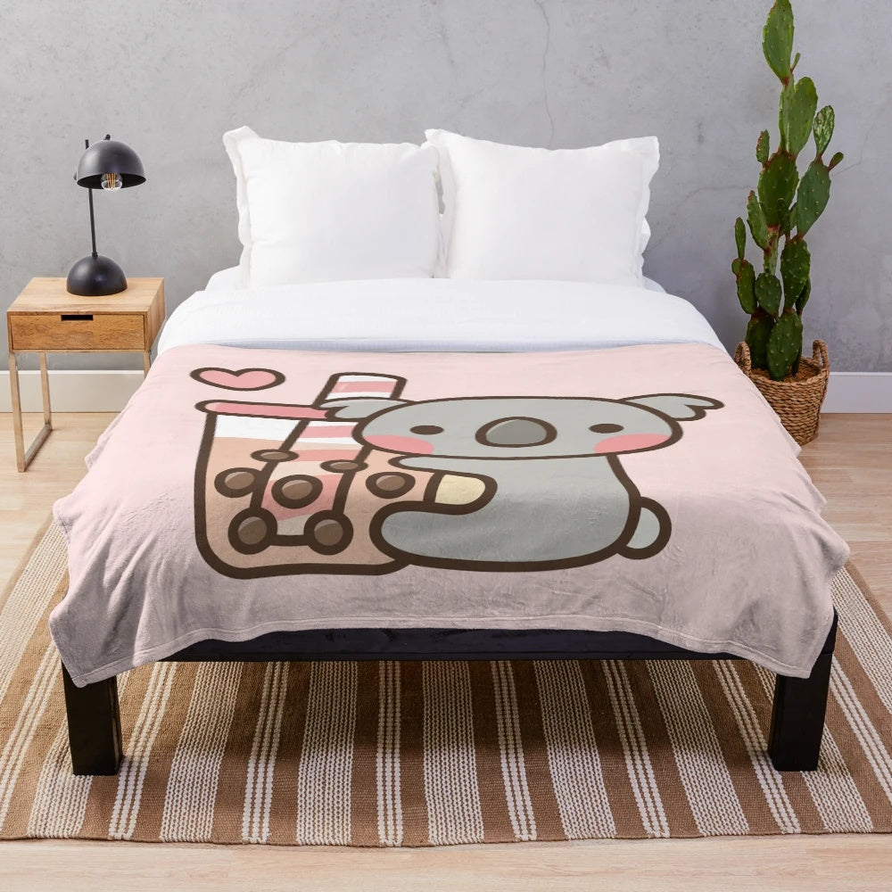 Cute koala bear and bubble tea design on a soft, plush blanket
