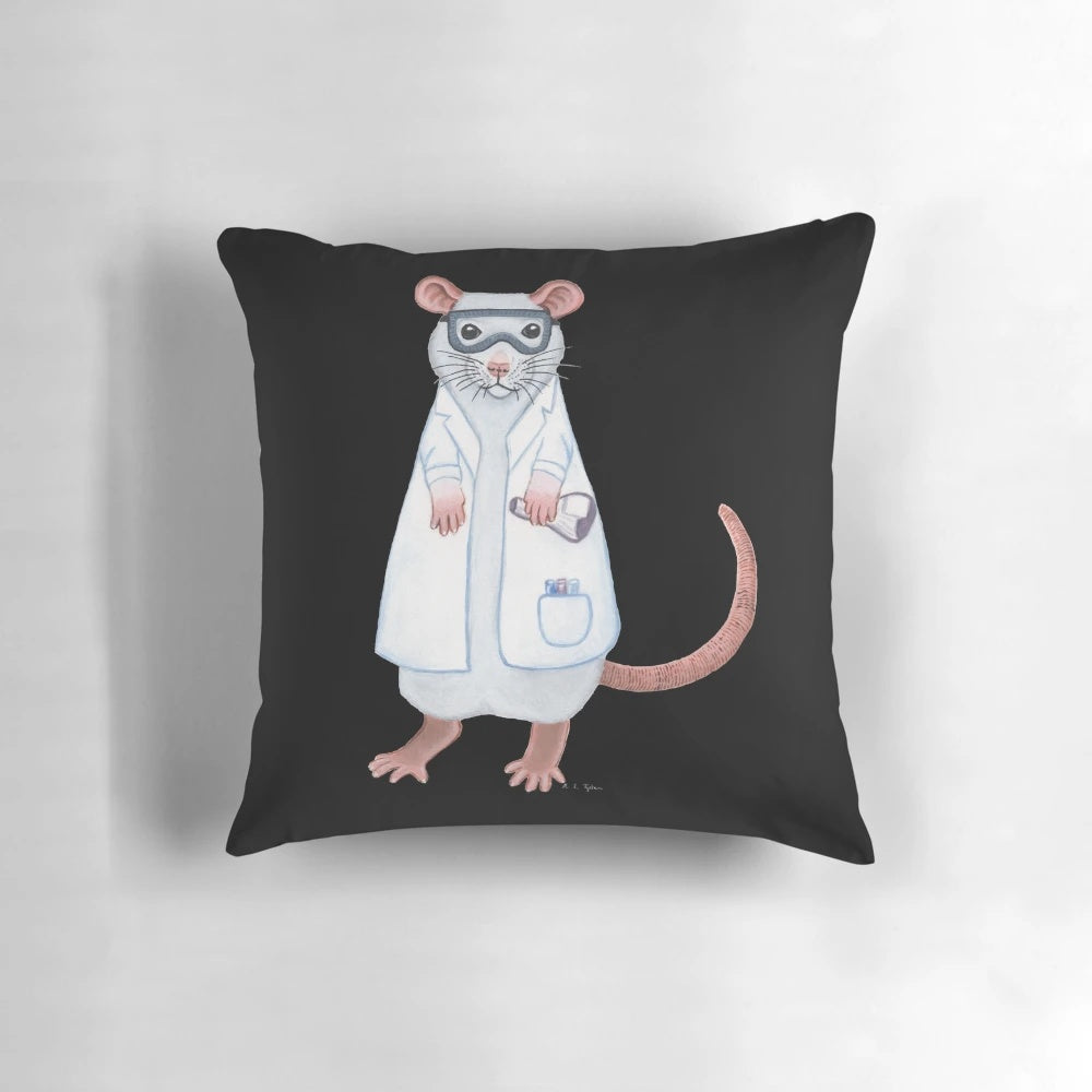 Plush lab rat pillow with scientist-inspired details
