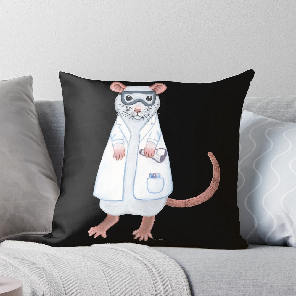 Plush lab rat pillow with scientist-inspired details