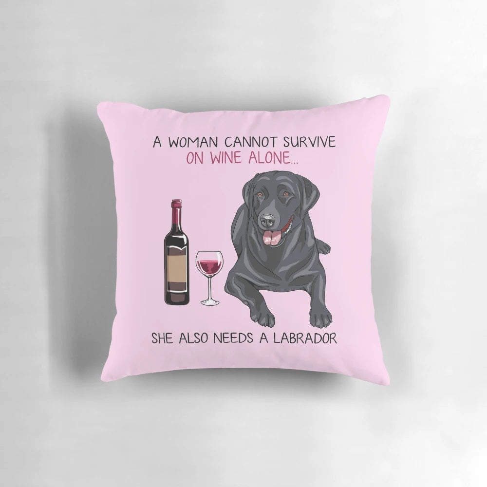Labrador dog themed throw pillow with wine glass design