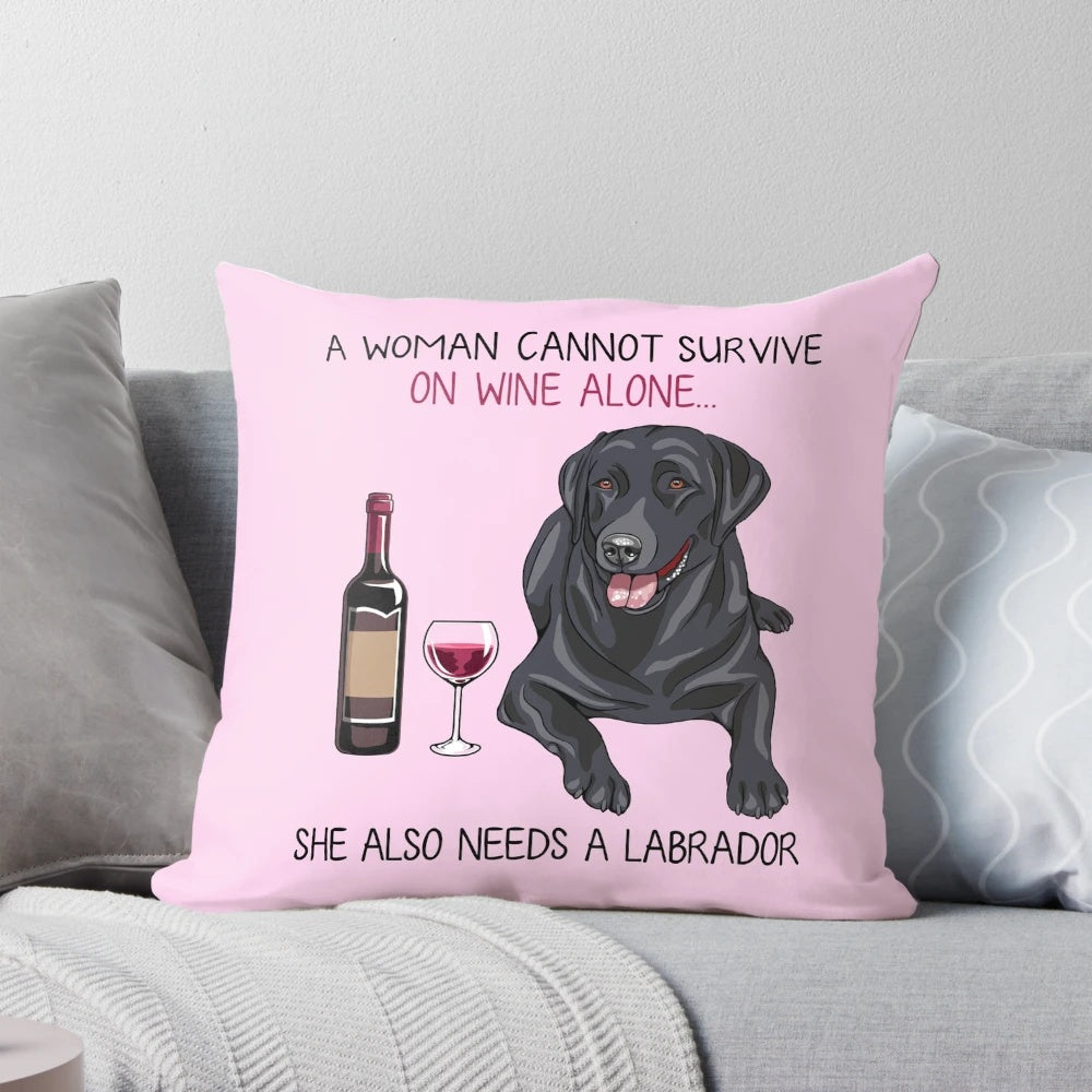 Labrador dog themed throw pillow with wine glass design