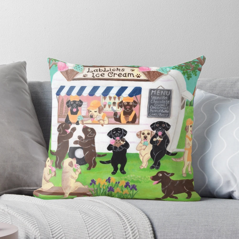 Soft and cozy labrador retriever pillow with a delightful ice cream design