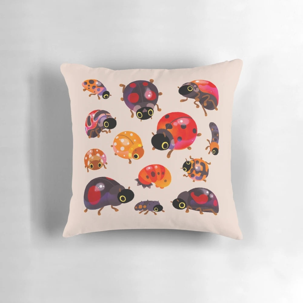 A soft, plush pillow featuring a cute lady beetle or ladybug design, perfect for adding a touch of nature-inspired whimsy to your space.