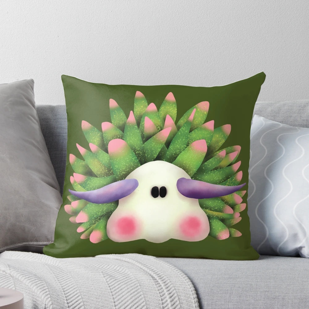Cozy pillow featuring a colorful leaf sheep sea slug nudibranch, a unique marine mollusc