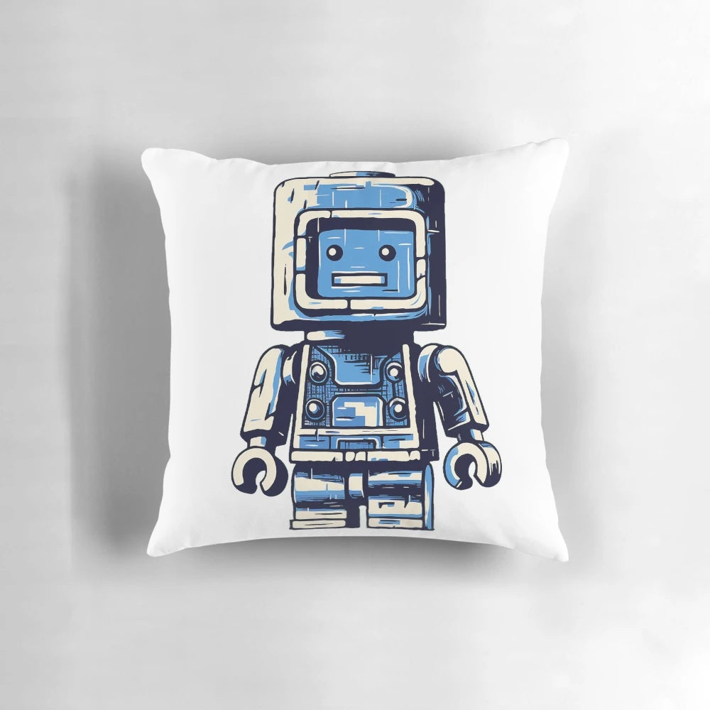 A plush, blue robot-shaped pillow with a lego-inspired design, perfect for decorating a gamer's or Lego enthusiast's room.