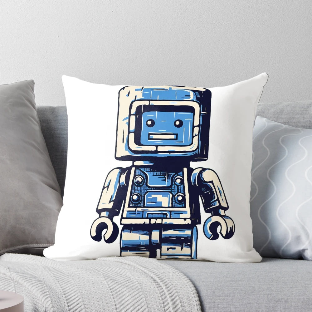 A plush, blue robot-shaped pillow with a lego-inspired design, perfect for decorating a gamer's or Lego enthusiast's room.