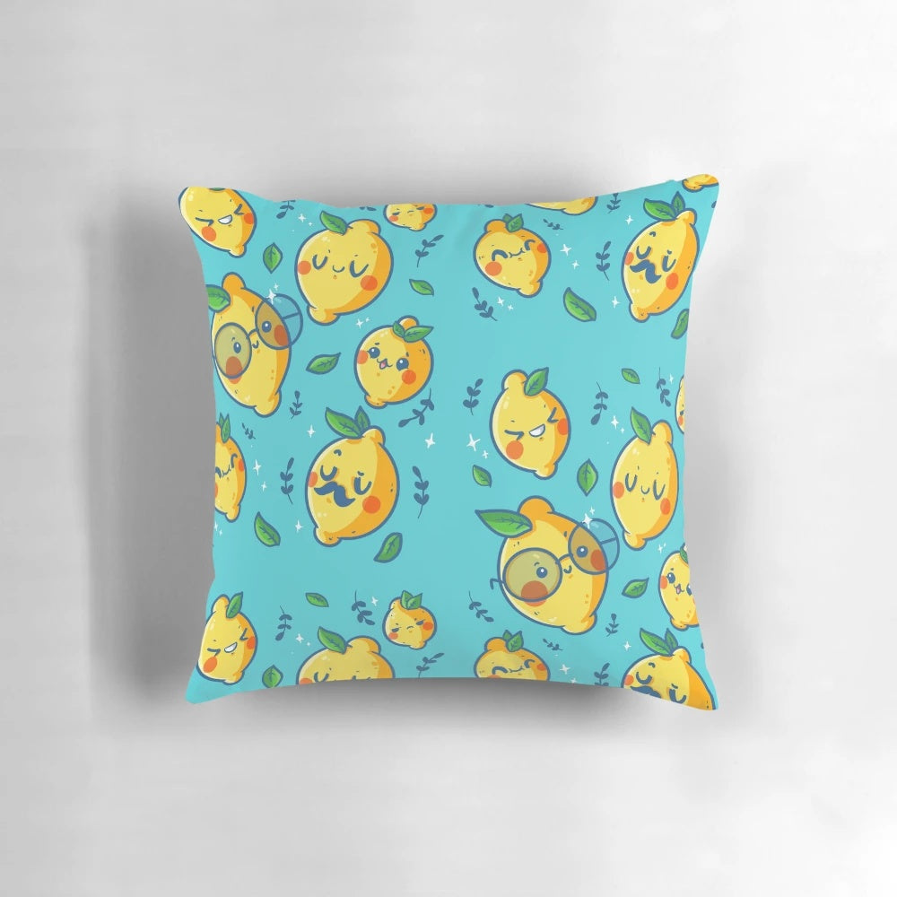 A colorful, cartoon-style throw pillow featuring cute lemon faces in a fun, vibrant pattern.