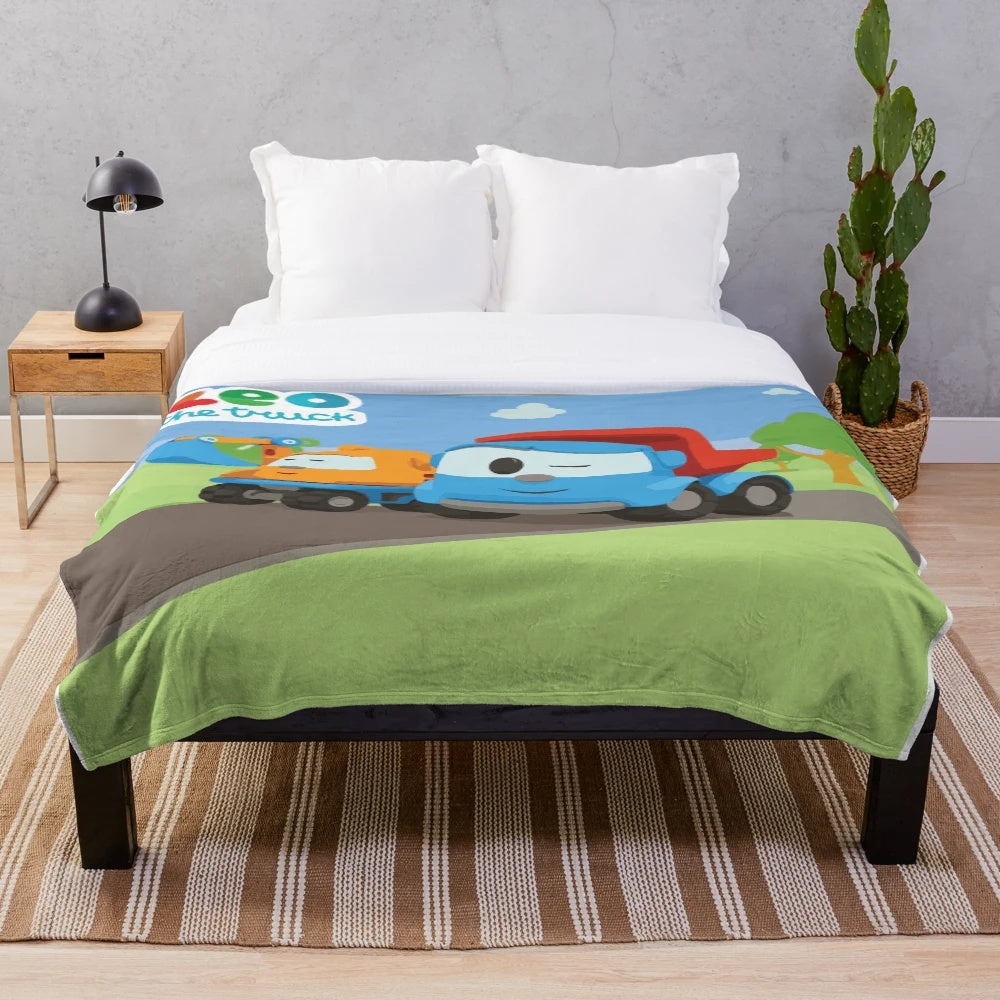 LEO and LIFTY kids plush blanket with cartoon trucks and construction vehicles