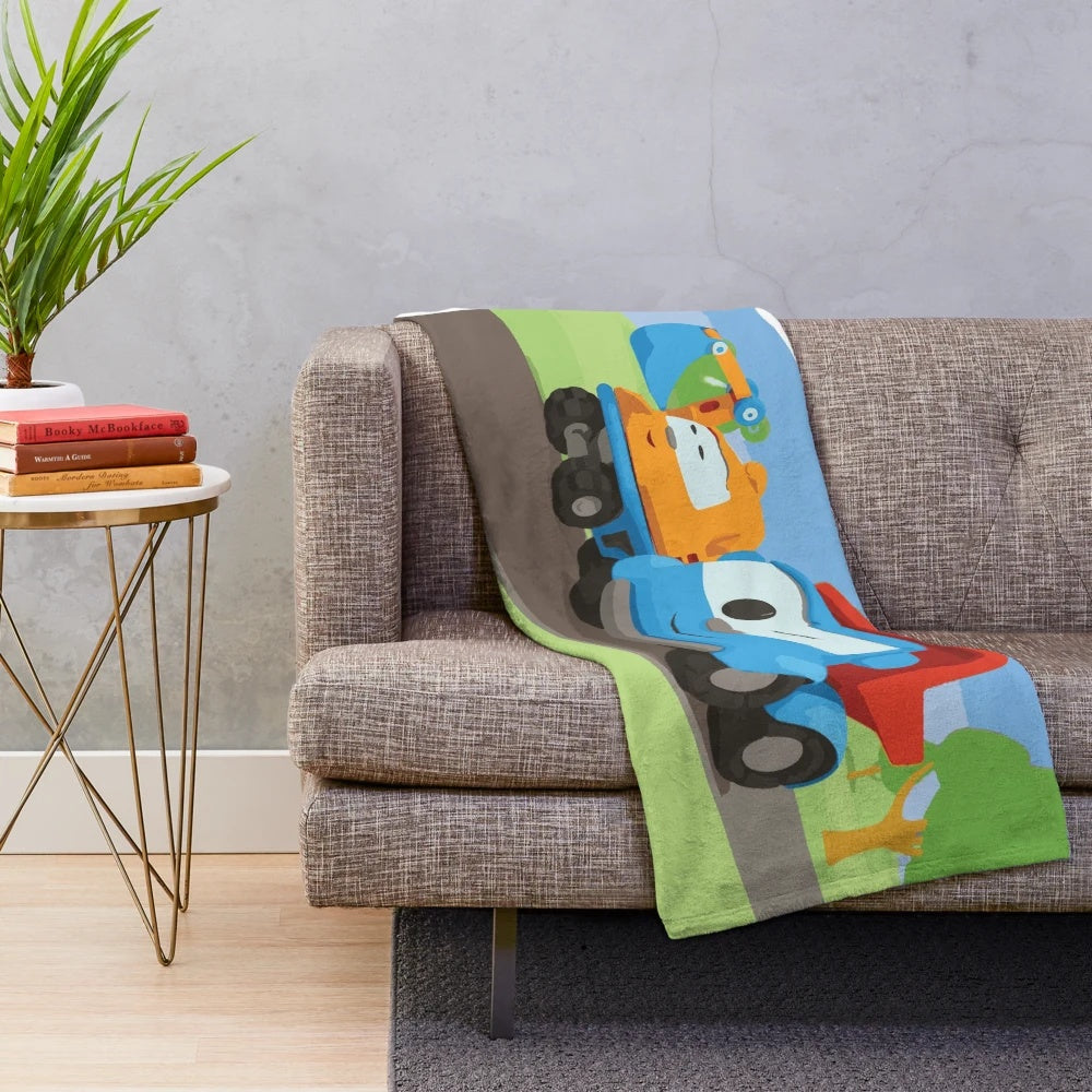 LEO and LIFTY kids plush blanket with cartoon trucks and construction vehicles