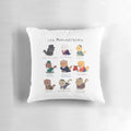 Cute Les Miserables-inspired cat pun pillow featuring a cat face and "Les Meowserables" text