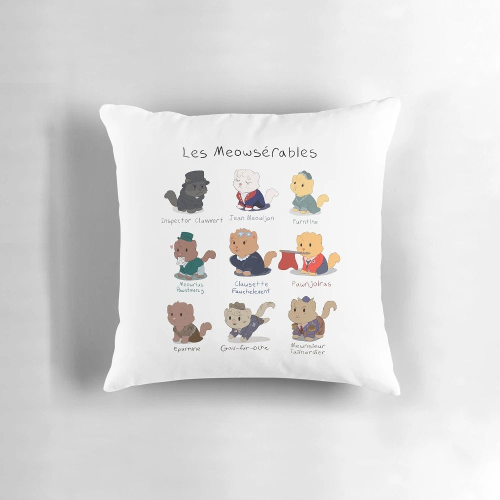 Cute Les Miserables-inspired cat pun pillow featuring a cat face and "Les Meowserables" text