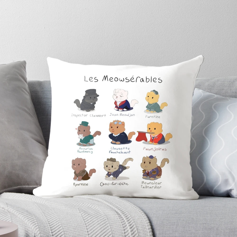 Cute Les Miserables-inspired cat pun pillow featuring a cat face and "Les Meowserables" text