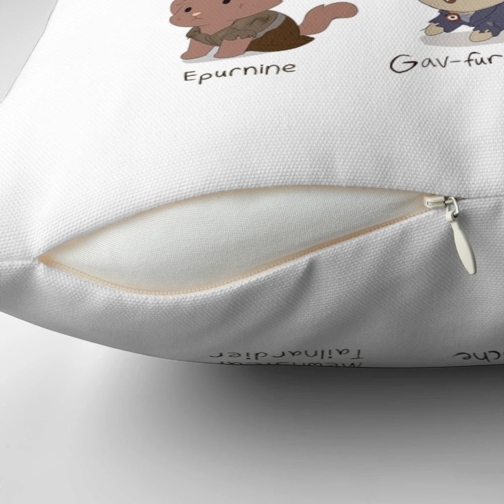 Cute Les Miserables-inspired cat pun pillow featuring a cat face and "Les Meowserables" text