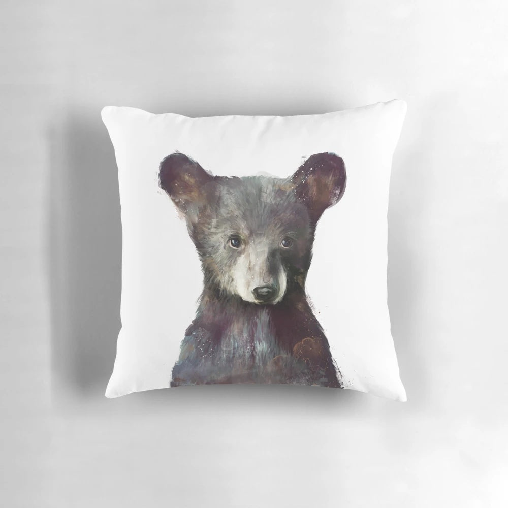 Soft, decorative little bear pillow in black and green watercolor style art