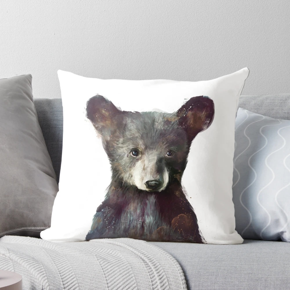 Soft, decorative little bear pillow in black and green watercolor style art