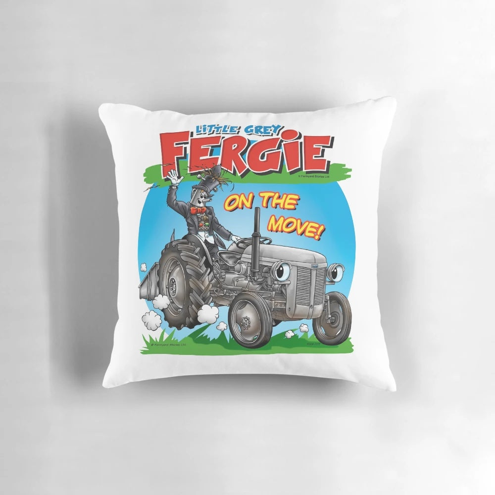 Little Grey Fergie, the beloved tractor character, featured on a soft, plush pillow for children's bedrooms and nurseries.