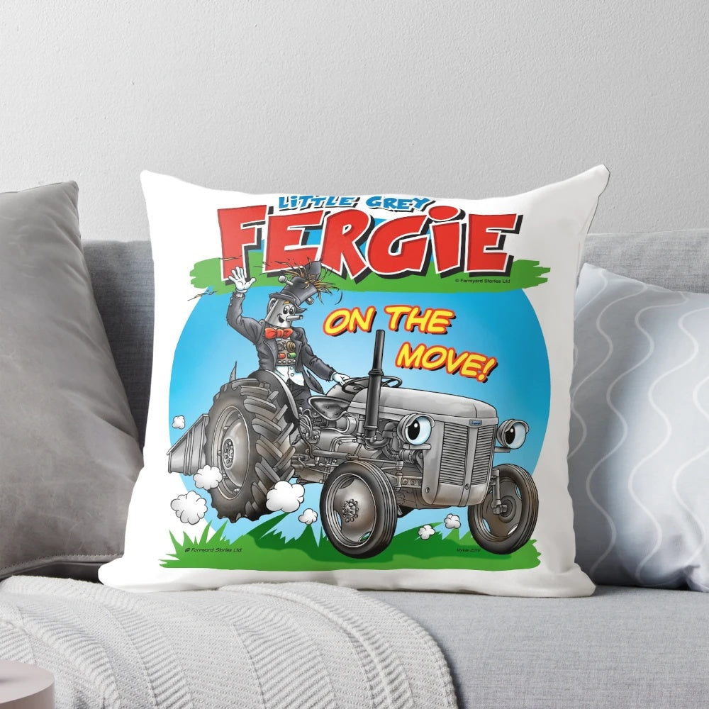 Little Grey Fergie, the beloved tractor character, featured on a soft, plush pillow for children's bedrooms and nurseries.
