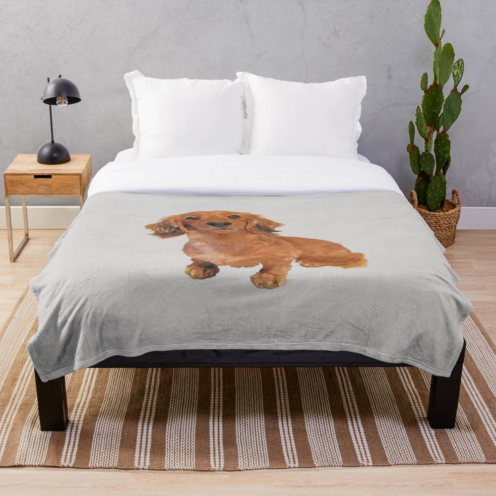 Cute long-haired dachshund painting printed on a plush blanket