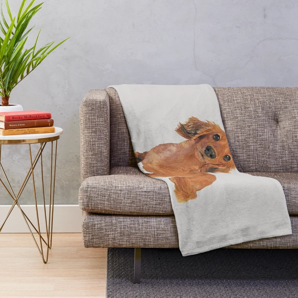 Cute long-haired dachshund painting printed on a plush blanket