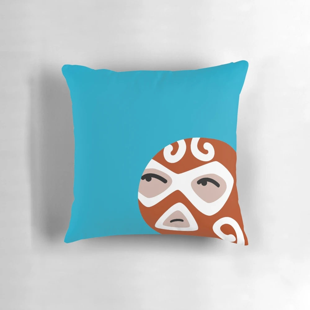 Luchador-themed decorative throw pillow featuring a cute cartoon wrestler character