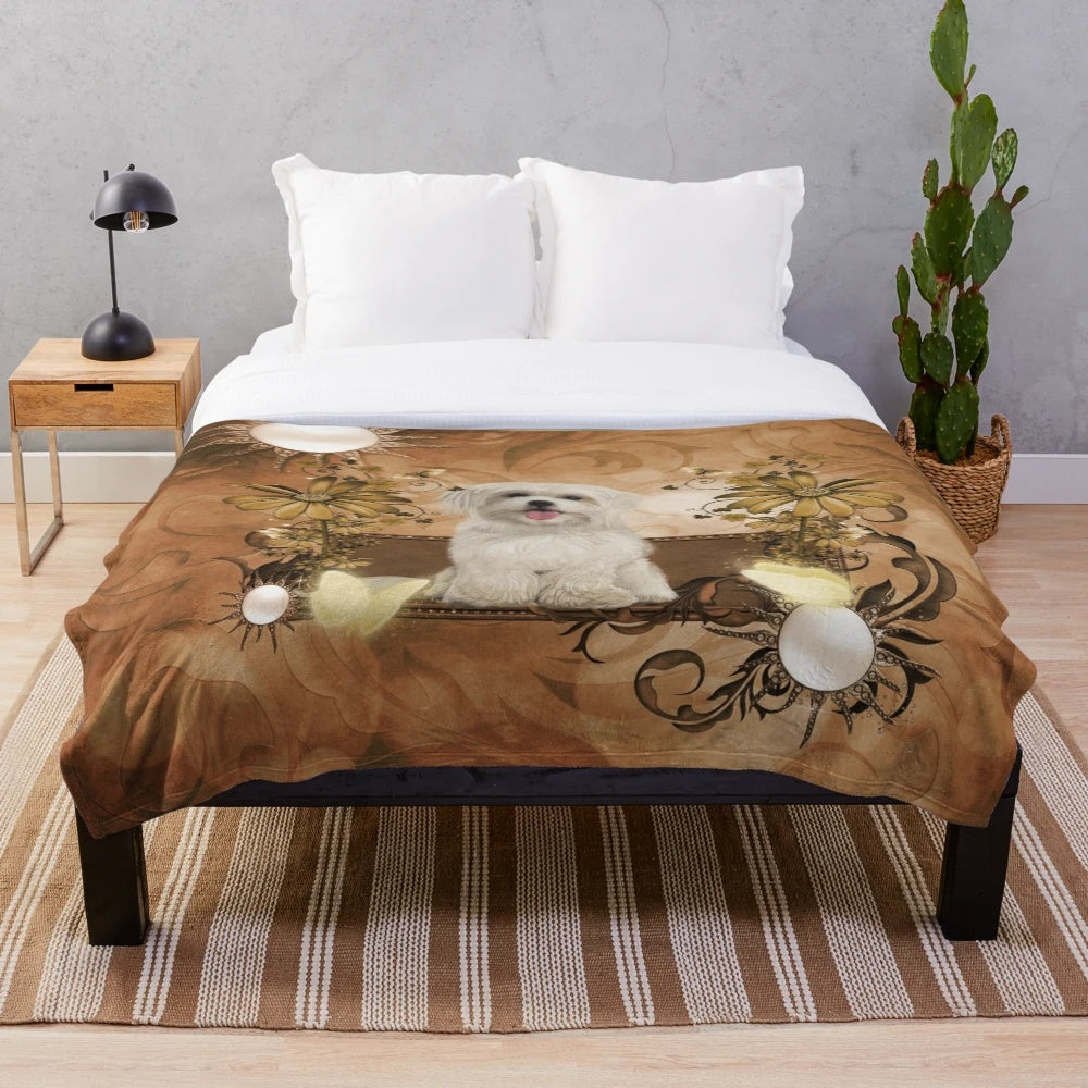Cozy plush blanket featuring a cute maltese puppy against a floral background