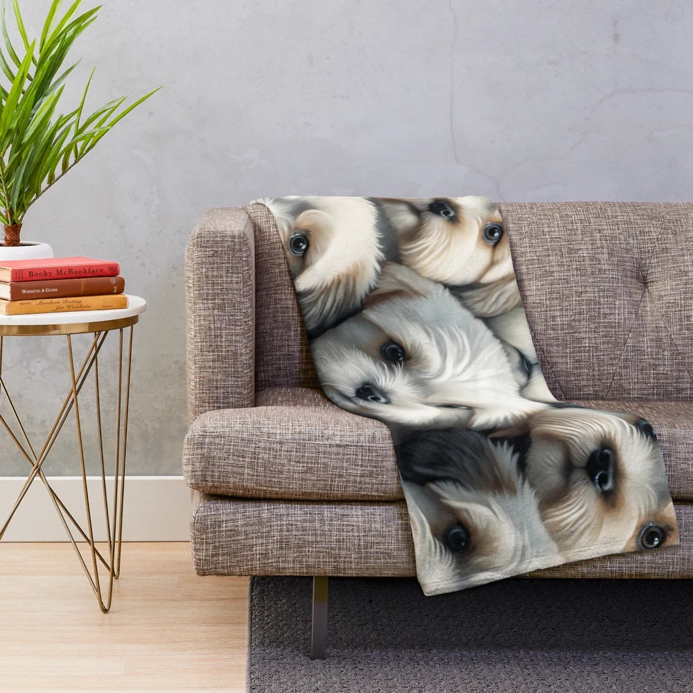 Collage of adorable Maltese terrier puppies on a plush blanket
