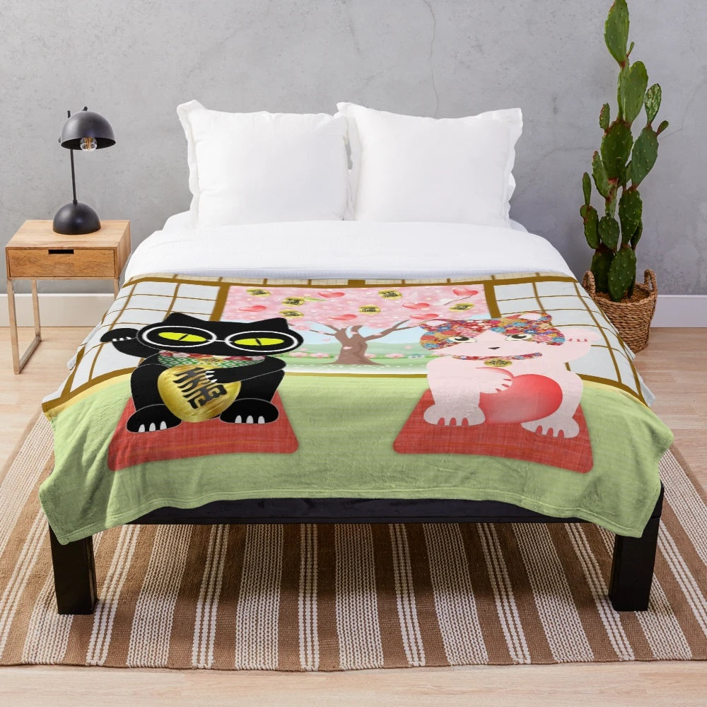 Maneki Neko plush blanket with a cute lucky cat design