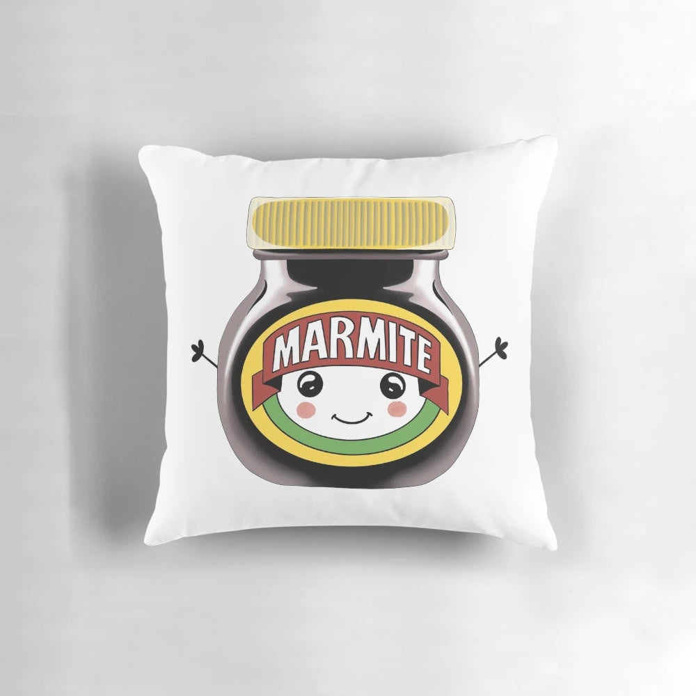 Soft, plush pillow featuring a cute, anthropomorphic Marmite jar with a smiley face, designed by Theodora Gould.