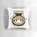 Soft, plush pillow featuring a cute, anthropomorphic Marmite jar with a smiley face, designed by Theodora Gould.