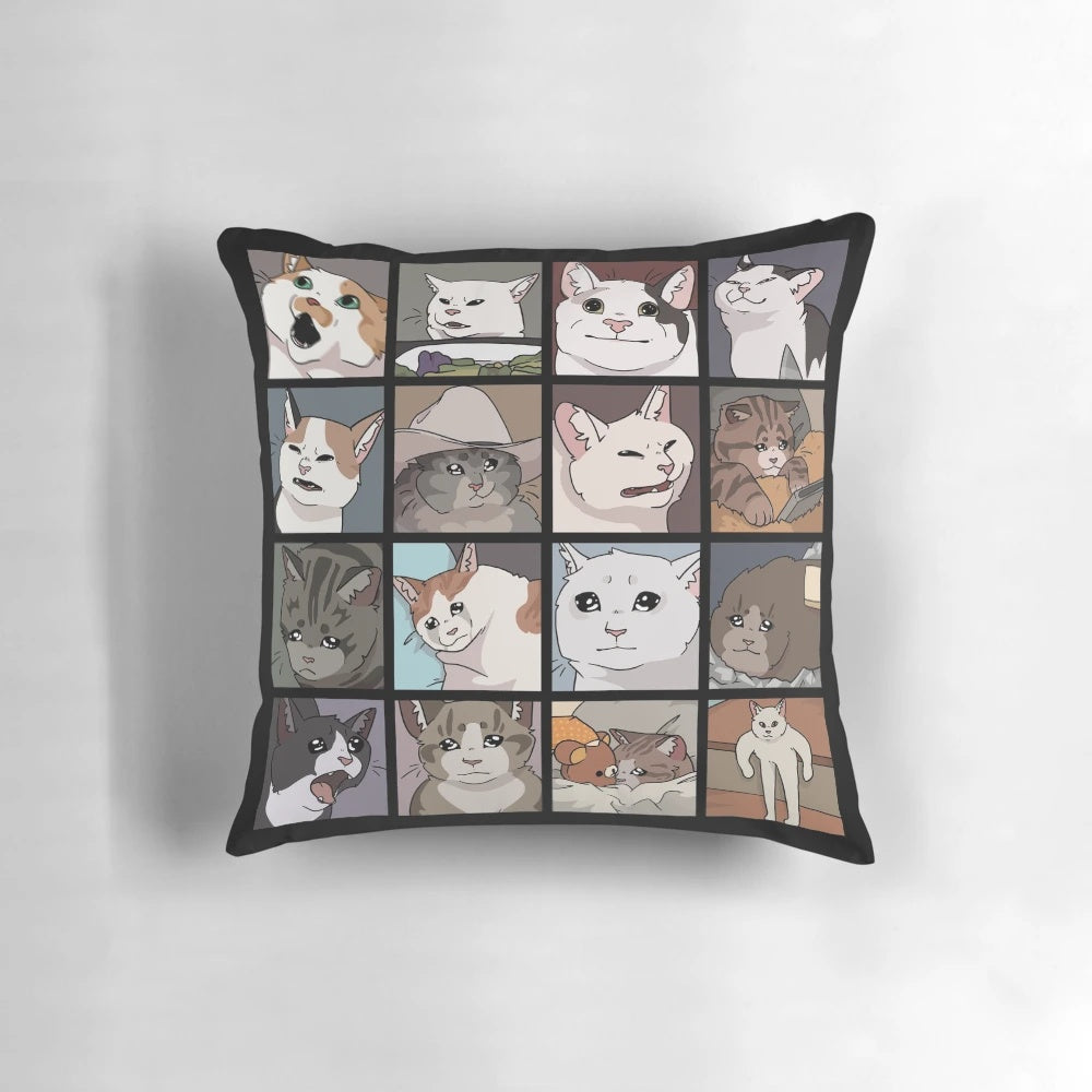 Humorous cat-themed decorative pillow featuring meme-inspired crying/expressive cat faces
