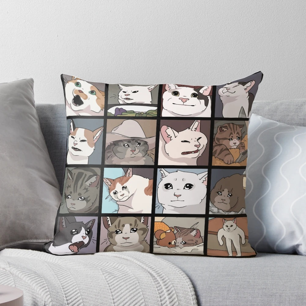 Humorous cat-themed decorative pillow featuring meme-inspired crying/expressive cat faces