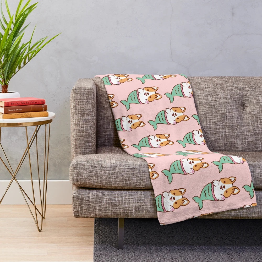 Mermaid Corgi Plush Blanket - Cute Cartoon Dog Soft Throw
