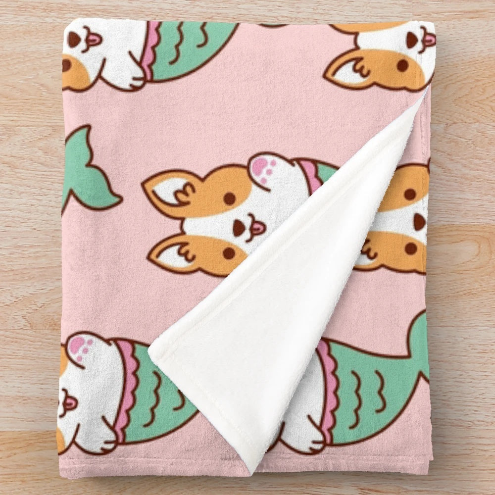 Mermaid Corgi Plush Blanket - Cute Cartoon Dog Soft Throw