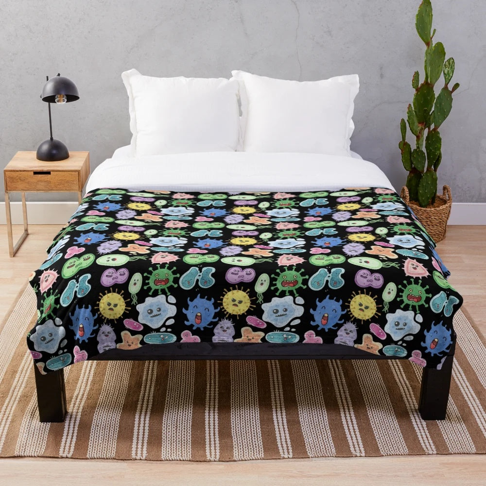 Cute microbes, bacteria, and viruses on a plush blanket