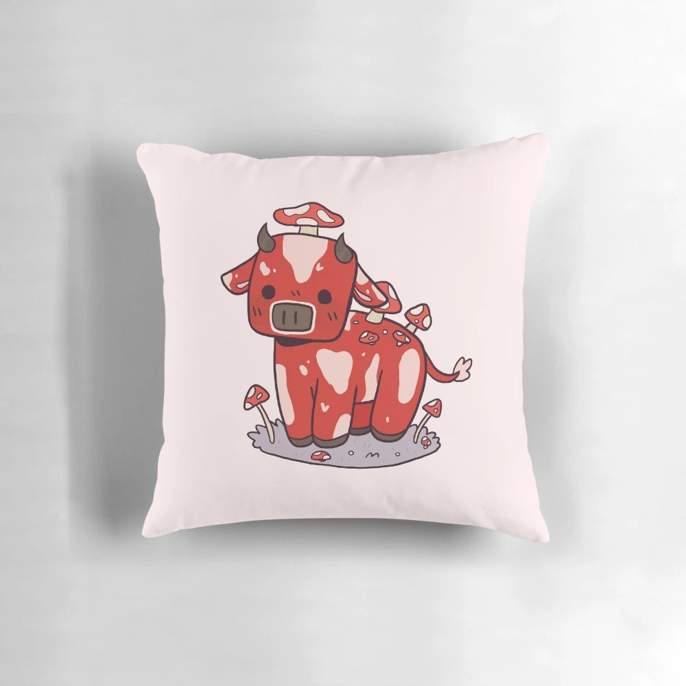 A cute, plush pillow in the shape of a Minecraft mooshroom mob
