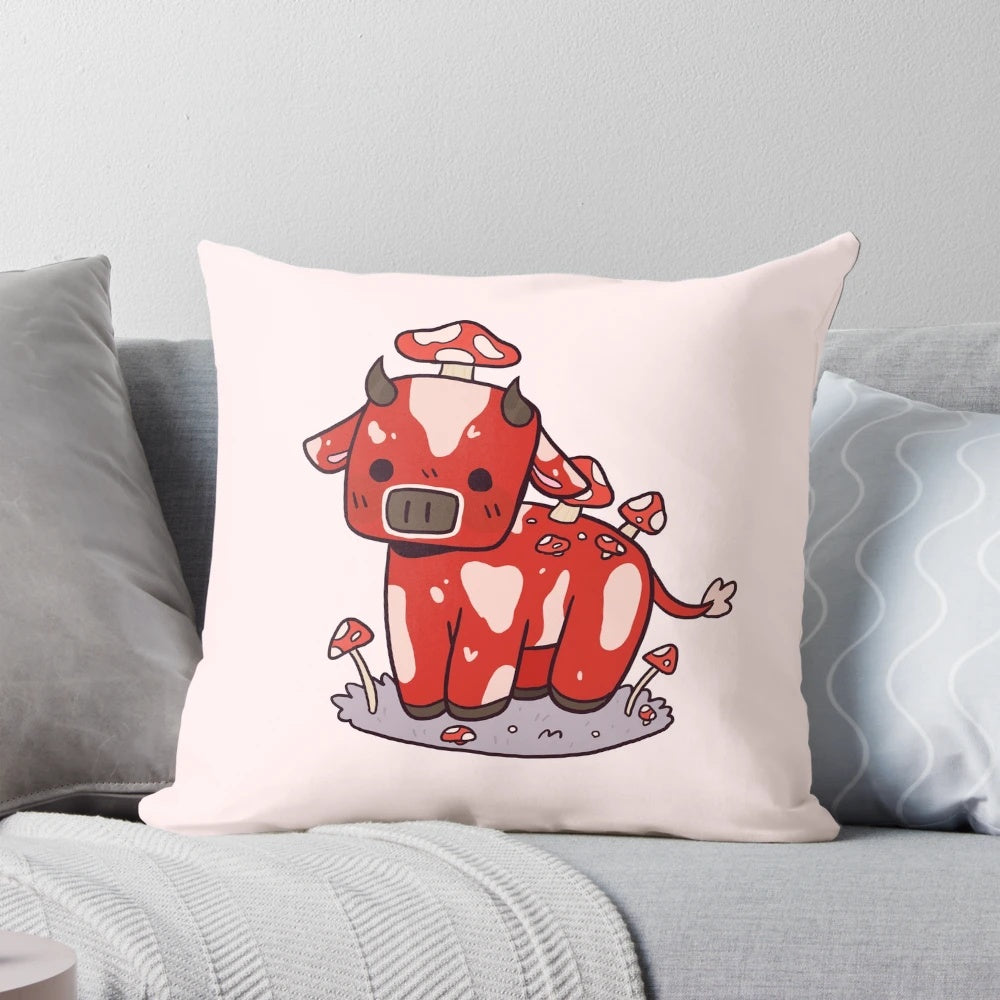 A cute, plush pillow in the shape of a Minecraft mooshroom mob