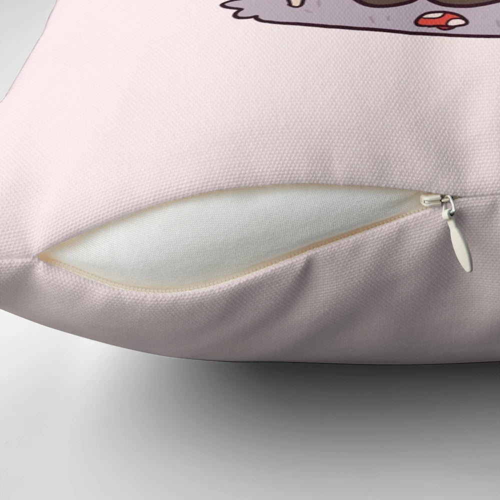 A cute, plush pillow in the shape of a Minecraft mooshroom mob