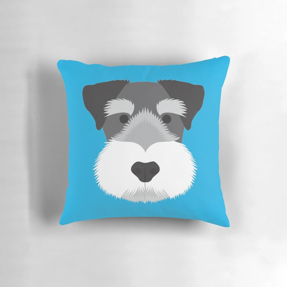 Minimalist vector illustration of a cute miniature schnauzer dog on a white decorative pillow