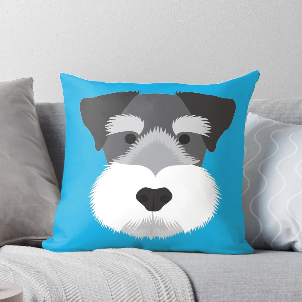 Minimalist vector illustration of a cute miniature schnauzer dog on a white decorative pillow