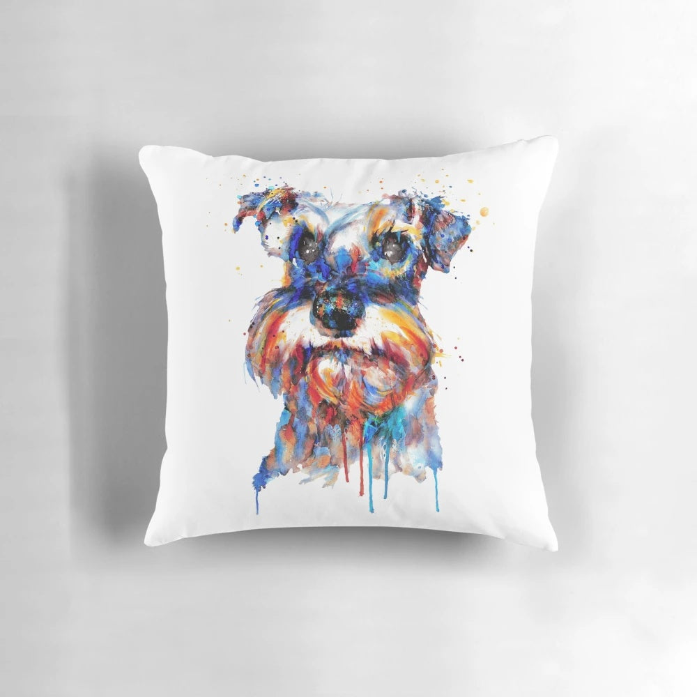 Soft, plush pillow featuring the adorable face of a miniature schnauzer dog