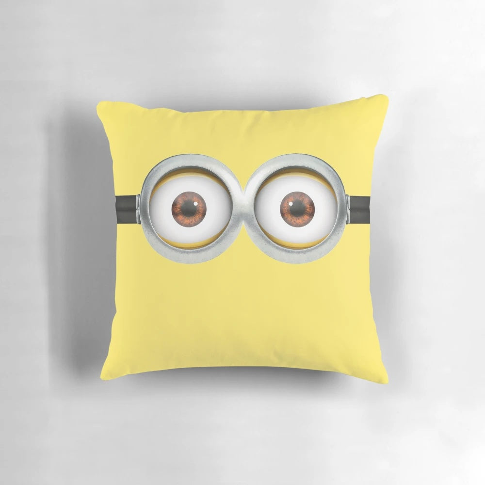 Plush minion-themed pillow with eyes design