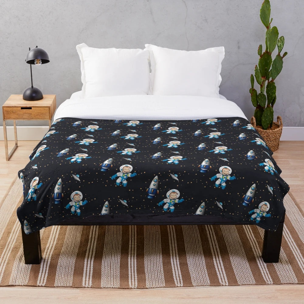 Cartoon monkey astronaut in space scene plush blanket for children's room