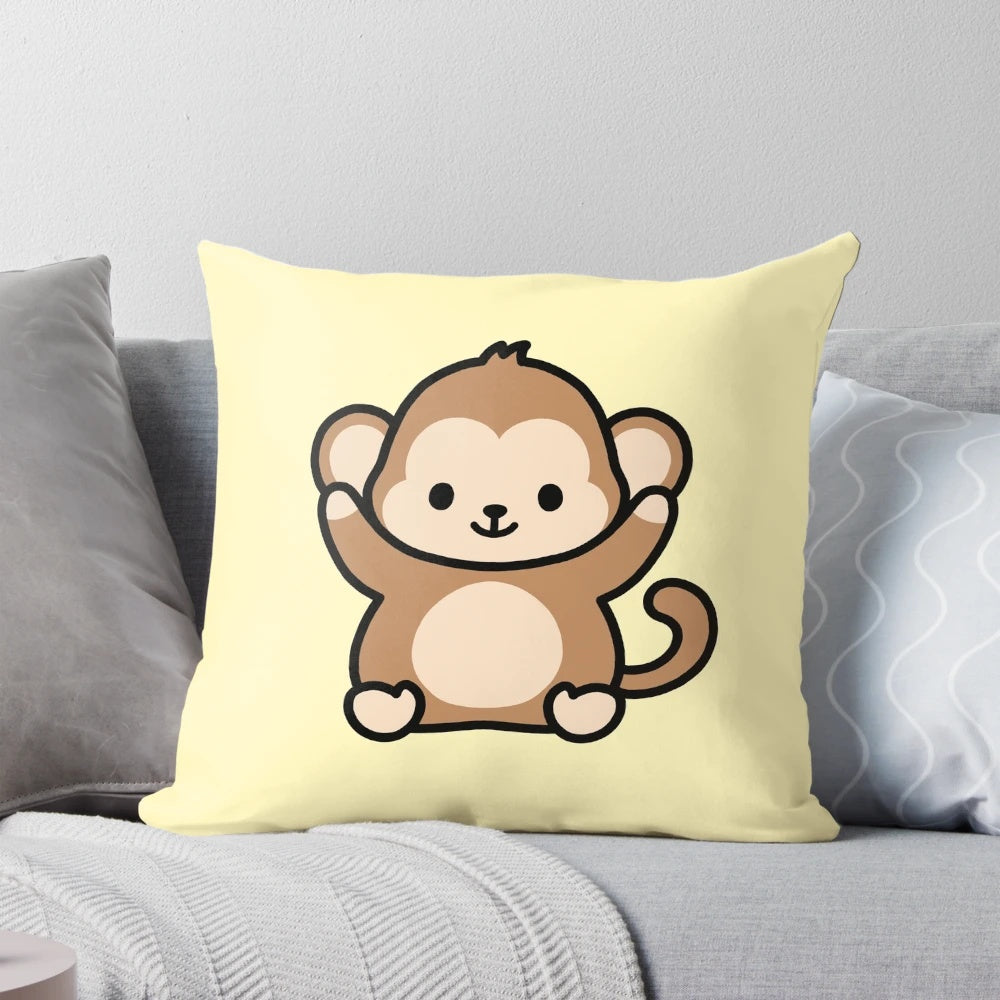 Soft and cuddly monkey-shaped pillow with a cute, pastel cartoon design