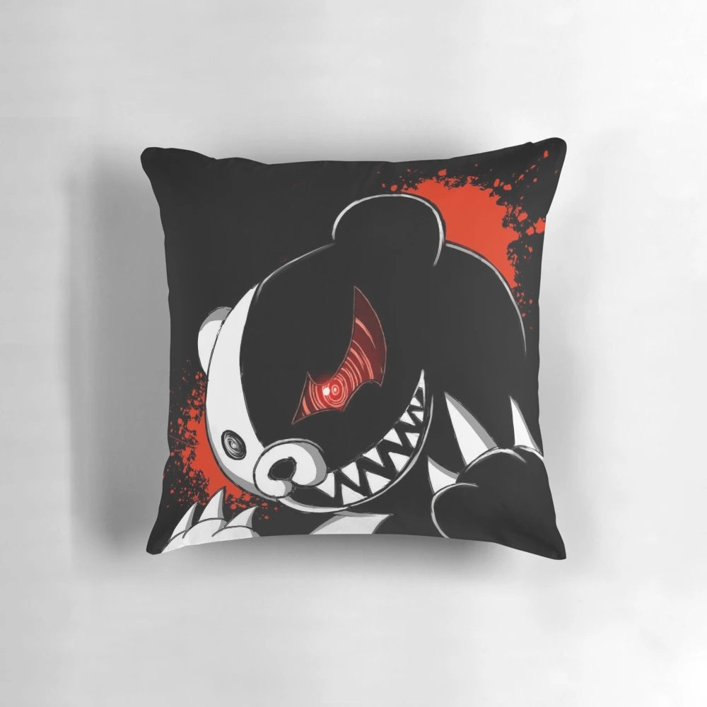 Monokuma-inspired plush bear pillow, black and white anime character