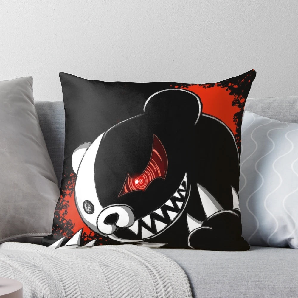 Monokuma-inspired plush bear pillow, black and white anime character