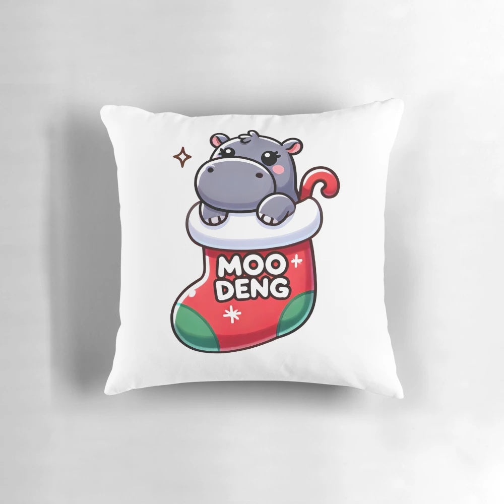 Moo Deng hippo in a Christmas stocking, a cute and adorable plush holiday pillow
