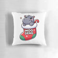 Moo Deng hippo in a Christmas stocking, a cute and adorable plush holiday pillow