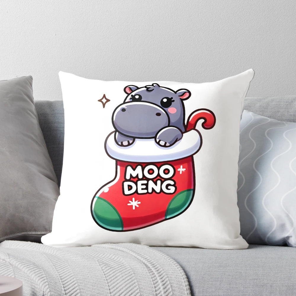 Moo Deng hippo in a Christmas stocking, a cute and adorable plush holiday pillow