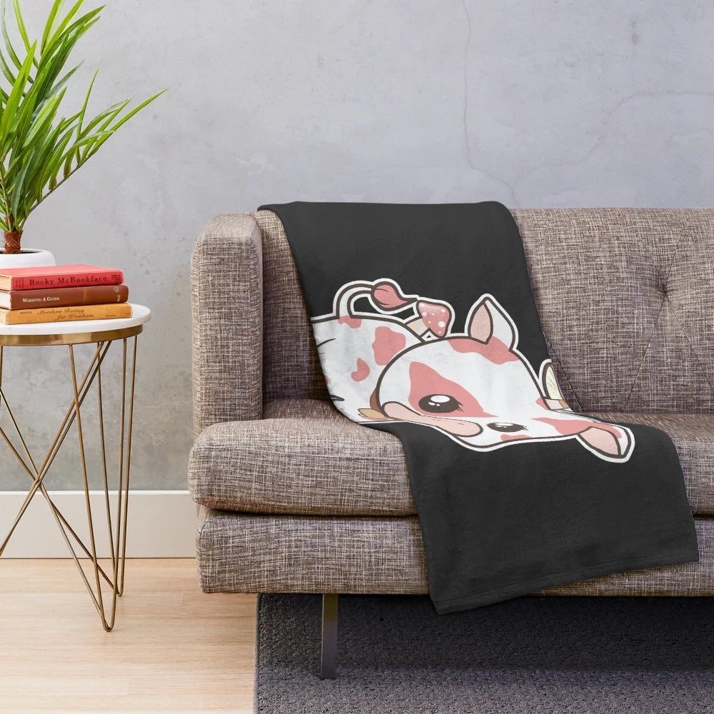 Cute mooshroom plush blanket with kawaii cow and mushroom design