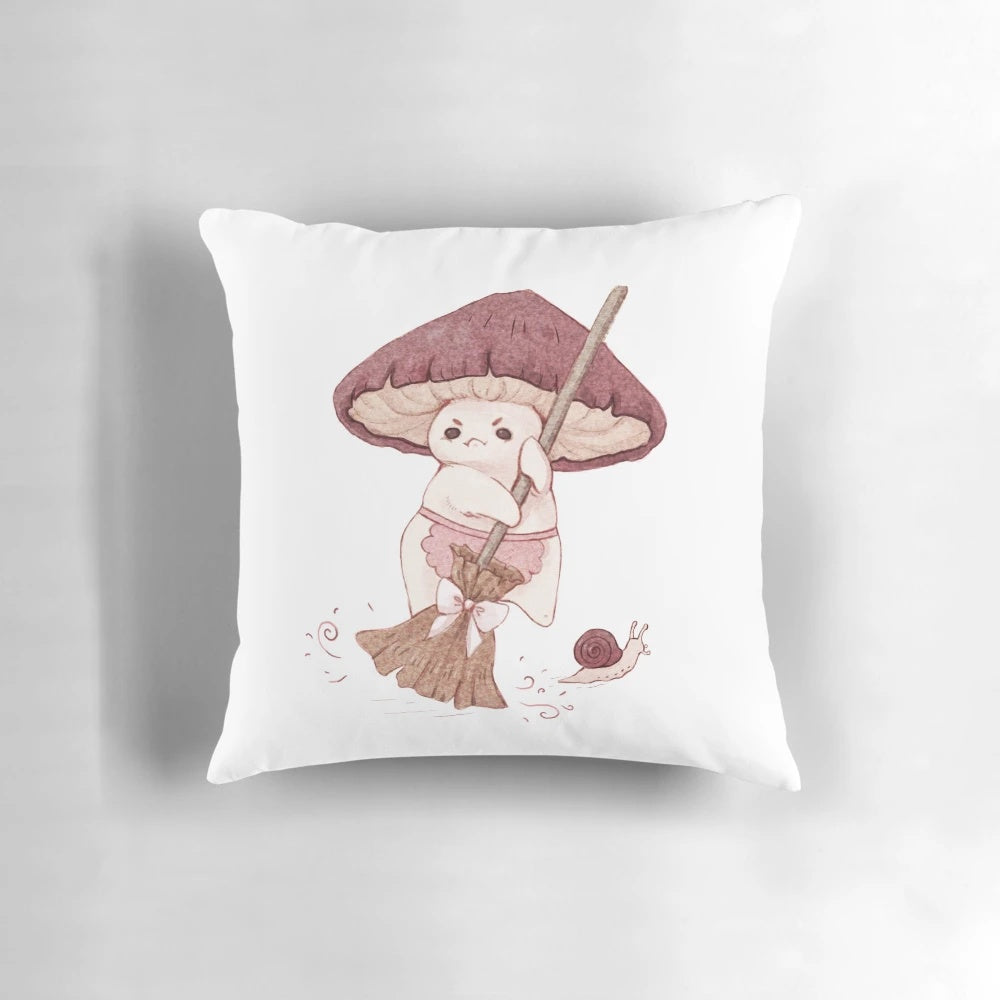 Illustration of a cute mushroom character not wanting to clean the house, with a snail in the background.
